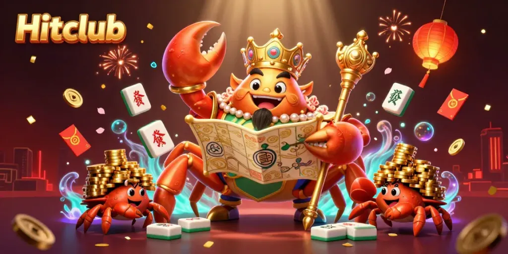 Hitclub engaging players in a vibrant, dynamic casino scene filled with colorful symbols and rich detail.