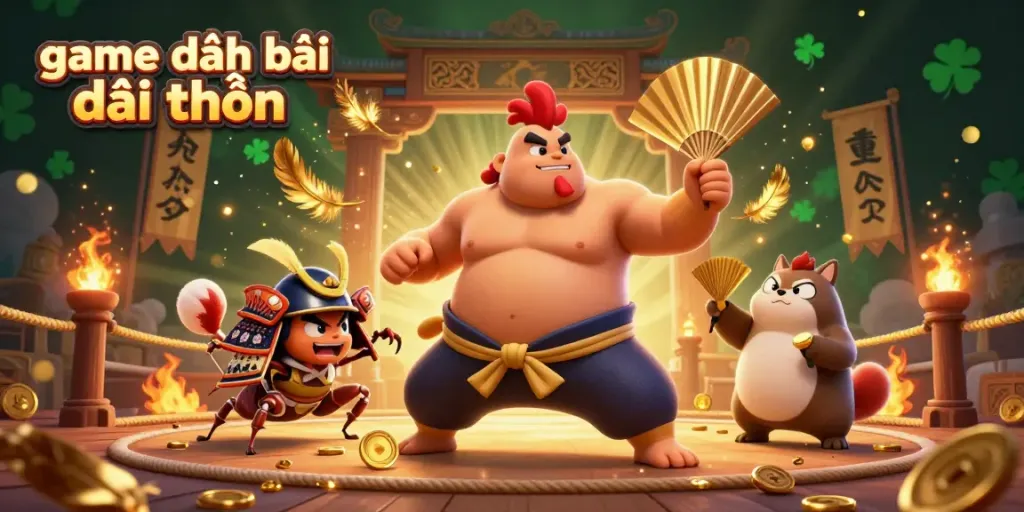Experience the thrilling game đánh bài đổi thưởng with a dynamic 3D illustration of a sumo wrestler rooster, a samurai cricket, and a tanuki announcer amidst golden coins and flames.