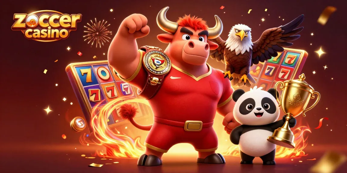 Zoccer casino offers thrilling slots immersive experience with a victorious bull, eagle, and trophy.