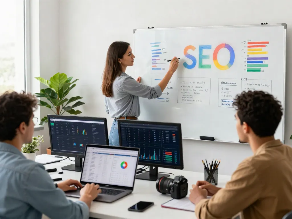 Team collaborating on SEO strategies and Google algorithm updates at a modern workspace