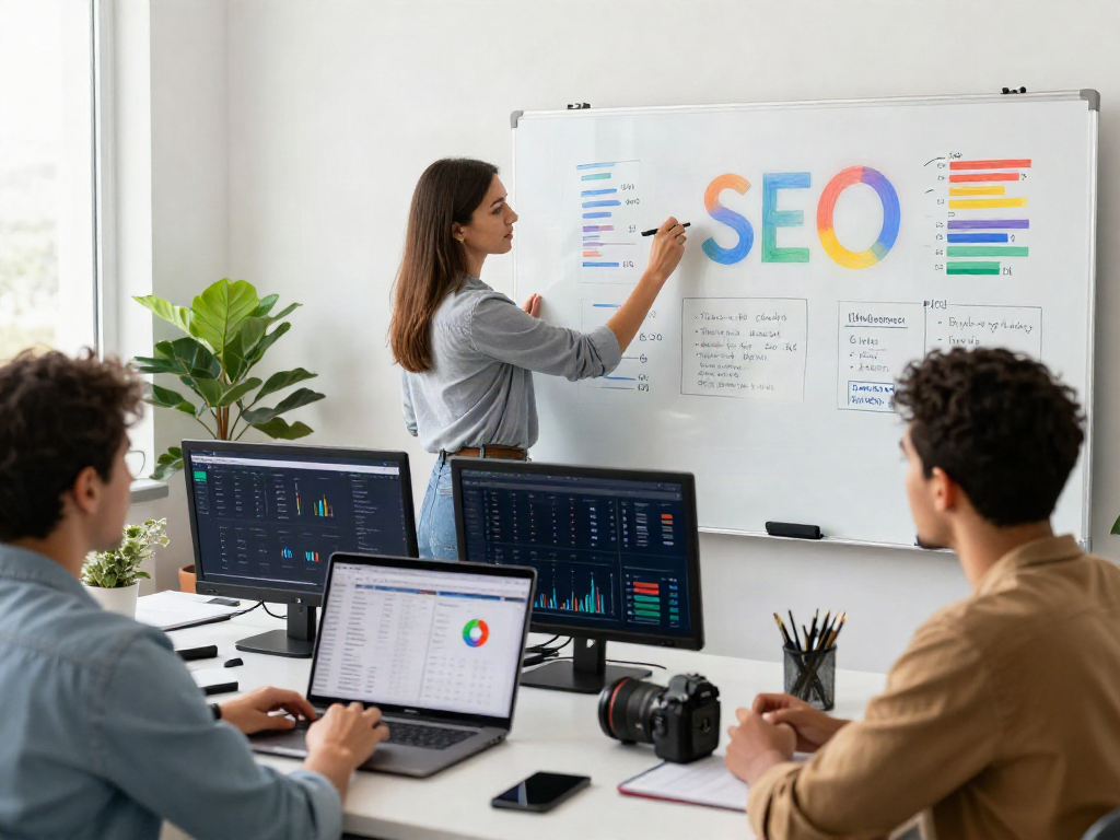 Team collaborating on SEO strategies and Google algorithm updates at a modern workspace