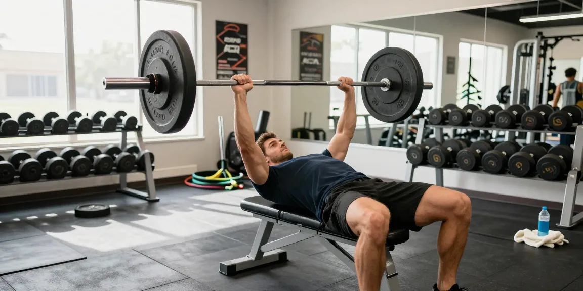 Bodybuilder im Anabolika Shop beim Training mit Langhantel und Gewichten, motivierende Fitnessatmosphäre