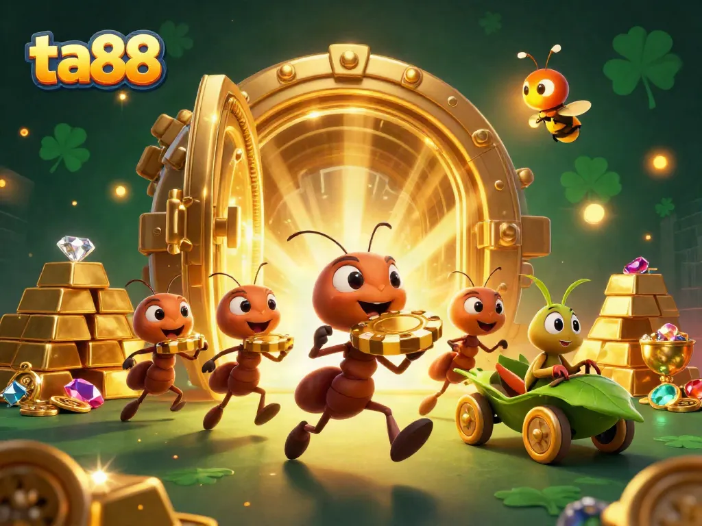 Experience the thrill with ta88 as ants stealthily navigate a golden heist in this vibrant casino illustration.