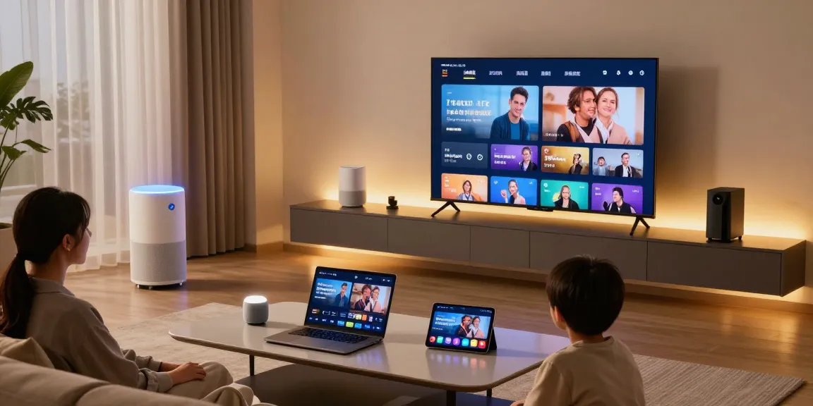 Internet für Zuhause: High-tech home setup featuring smart devices and streaming, showcasing cloud computing and AI technology.