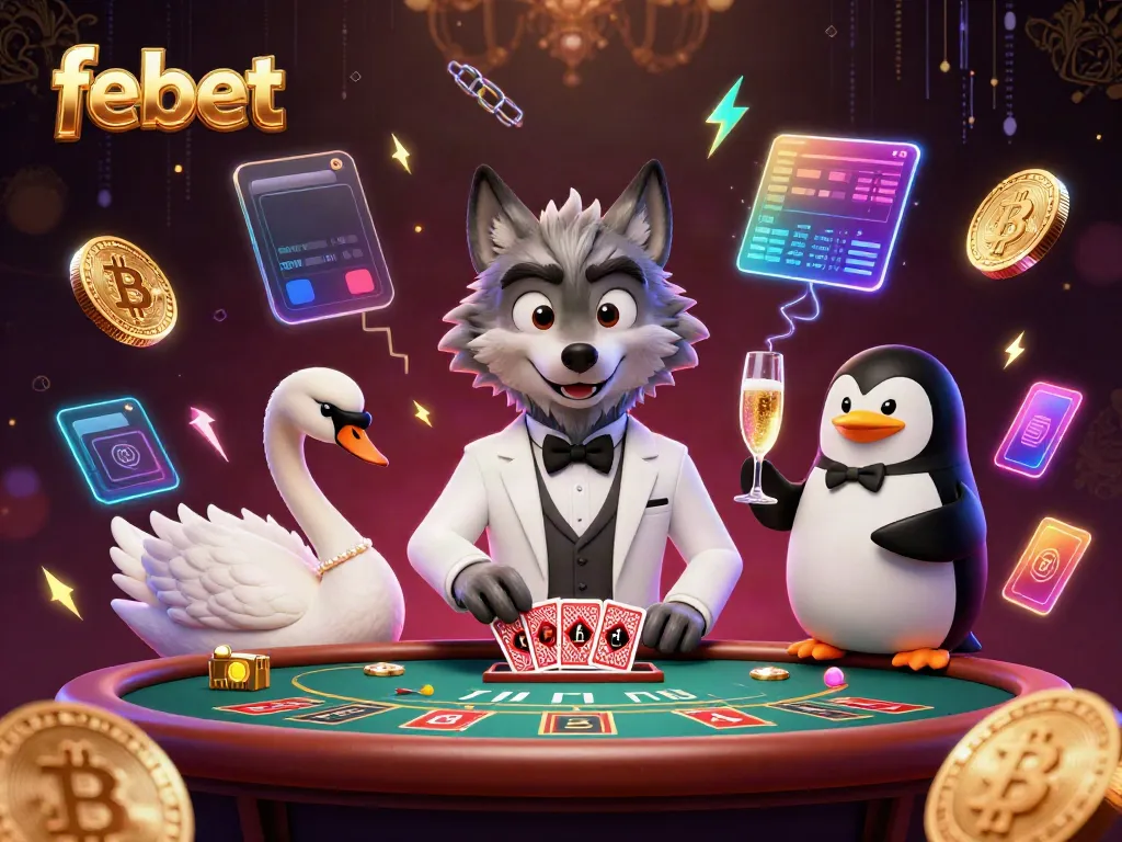 Experience the thrill of gaming with febet, where a debonair wolf and friends enjoy baccarat amidst crypto elements.