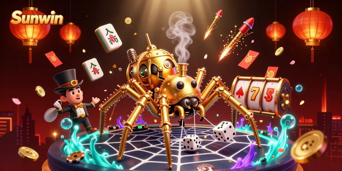 Engage in exhilarating gameplay at Sunwin with a dynamic casino scene of intricate golden webs and slot game elements.