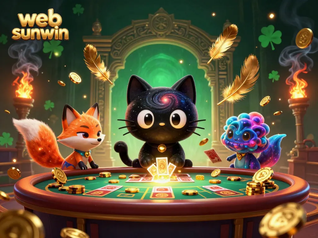 This dynamic scene showcases the web sunwin with a black hole cat and a nebula fox amidst a cosmic casino, surrounded by gambling elements like golden chips and cards.