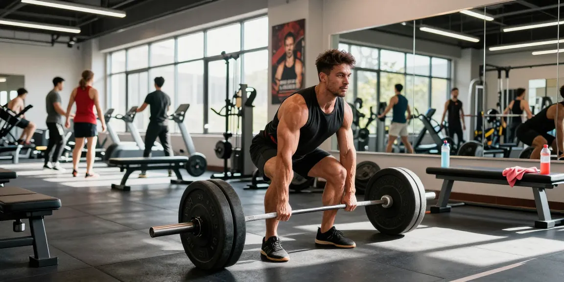 Kraftsportler hebt Gewichte in einem modernen Fitnessstudio und verkörpert die Werte eines Anabolika Shops.