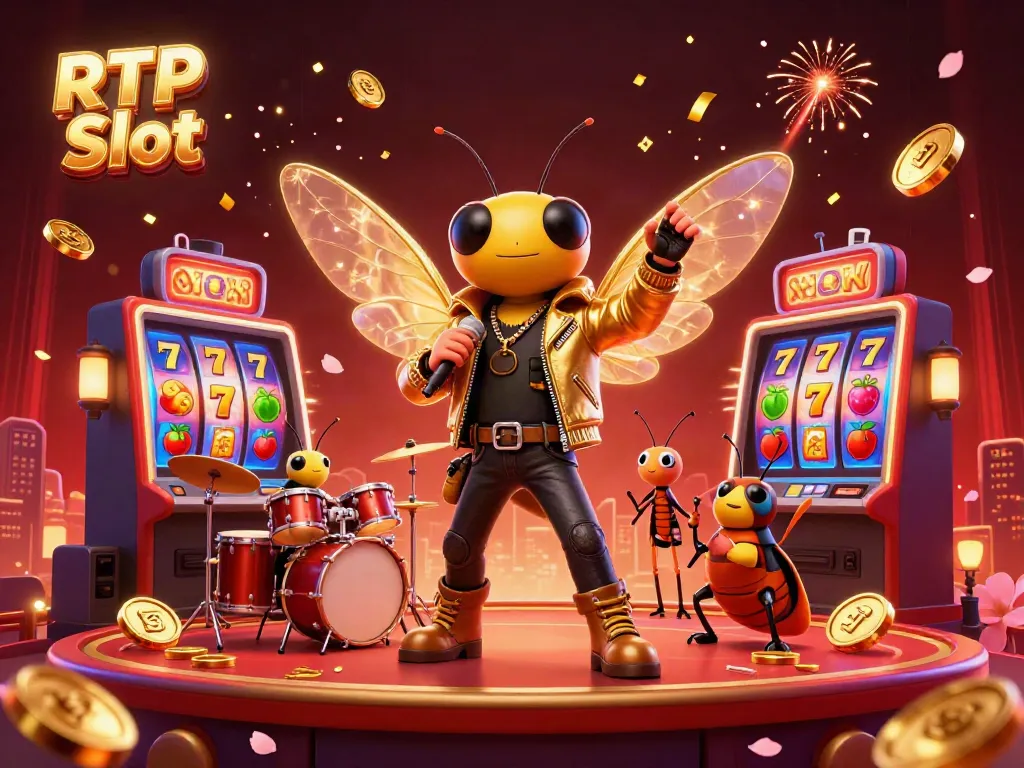 Experience the thrilling ambiance of RTP Slot with a lively rock star scene featuring slot machine symbols and dynamic elements.