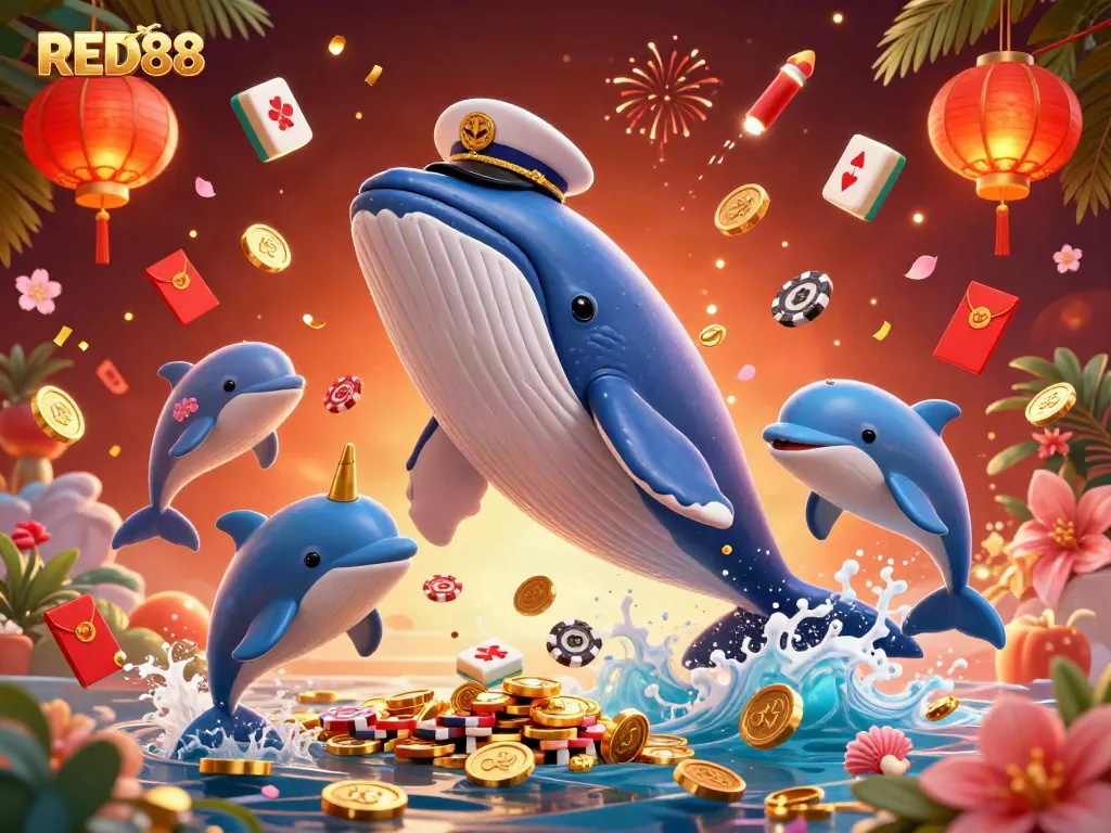 Engage in thrilling gameplay with RED88 featuring a giant whale breaching through coins alongside playful dolphins in a colorful casino atmosphere.