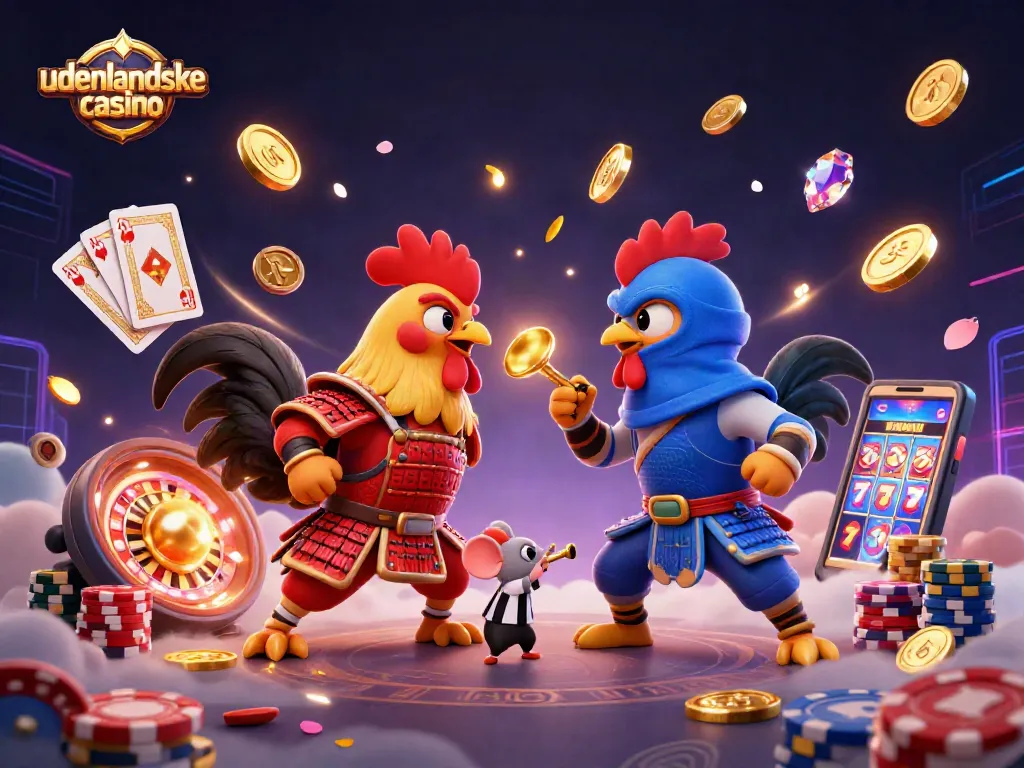 Experience excitement at udenlandske casino with fierce roosters battling amidst dazzling casino elements.