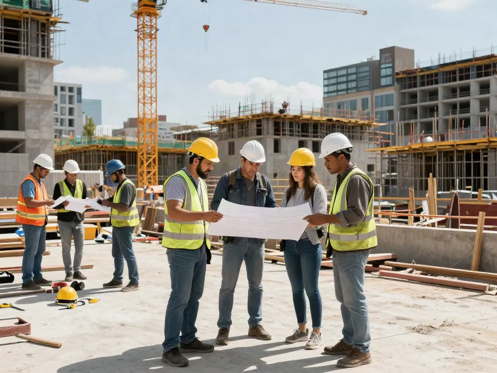 Baufirma Wien Team bei der Projektplanung auf einer Baustelle in der Stadt.