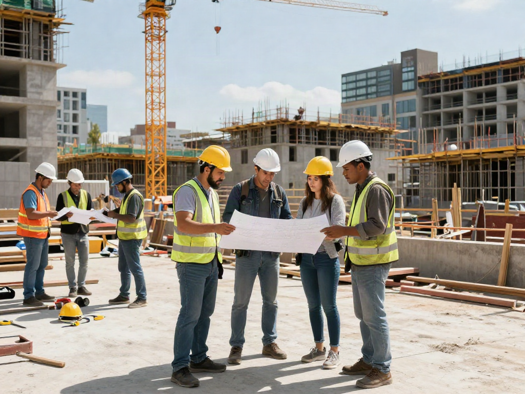 Baufirma Wien Team bei der Projektplanung auf einer Baustelle in der Stadt.