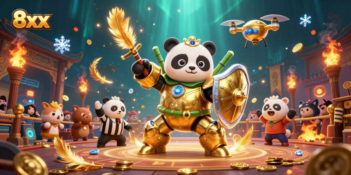 Bet on exciting 8xx matches as golden panda pilots a captivating bamboo robot in vibrant arena atmosphere.