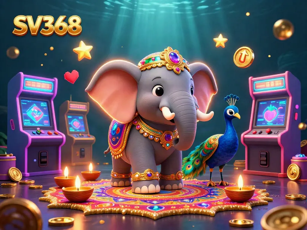 Experience thrilling gaming with SV368's vibrant casino scene featuring an elephant and peacock.