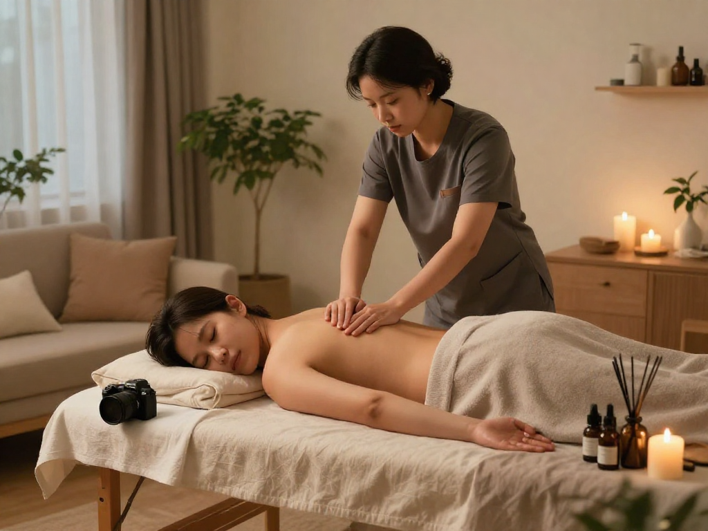 노원출장마사지 therapist providing a relaxing home massage in a cozy living room setting.