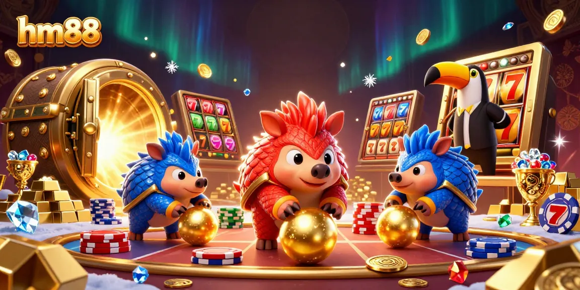 Engage in thrilling gameplay with hm88 as rival pangolins navigate golden treasures and poker chips in a vibrant casino scene.