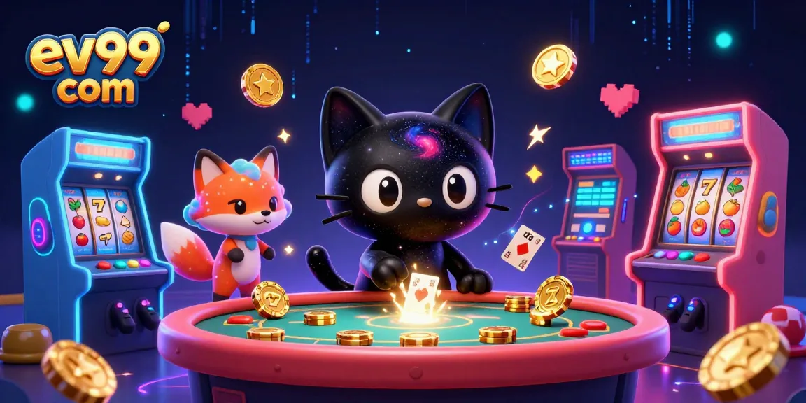 Engage with ev99 com as cosmic characters enjoy jackpots at a vibrant, colorful casino table.