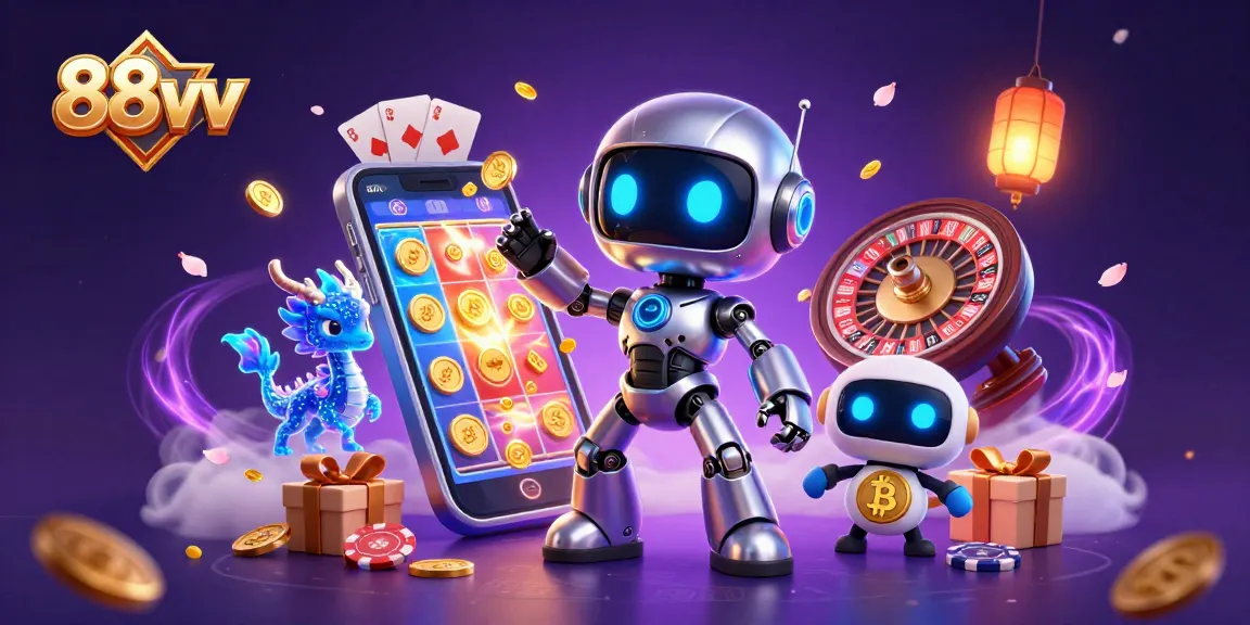 88vv showcases a vibrant scene with a cyberpunk robot and holographic dragon amid casino elements.