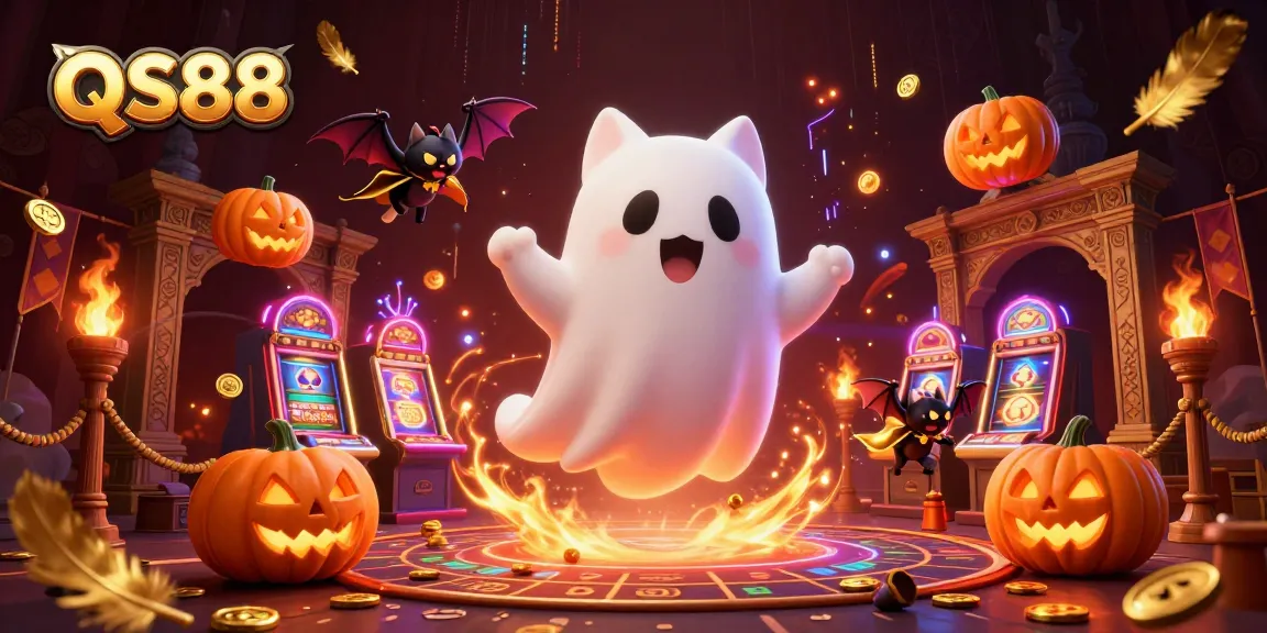 Engage with the thrilling QS88 casino world, featuring a ghost cat among golden coins and vibrant jack-o-lanterns.