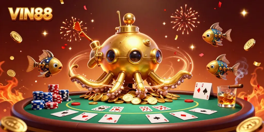Engage in thrilling gameplay with VIN88 as golden kraken submarine surfaces amidst poker elements and vibrant casino ambiance.