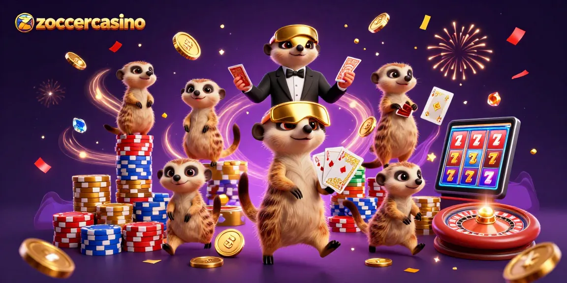 Zoccercasino: Erdmännchen betreiben ein lebhaftes Casino mit Kartenspielen und goldenen Chips.