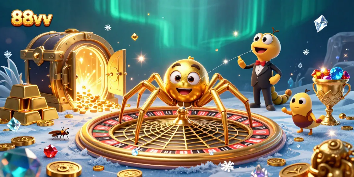 88vv betting scene with a golden spider and centipede croupier in a vibrant casino environment