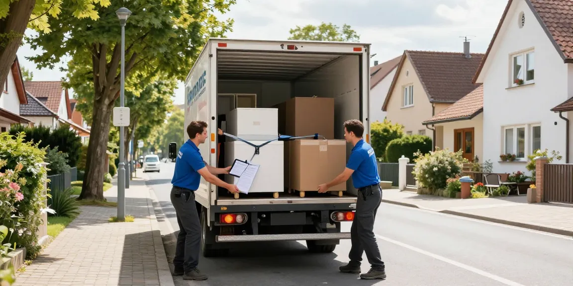 Umzugsunternehmen Schwetzingen: Professionelle Umzugscrew lädt Möbel in einen Umzugswagen auf einer Wohnstraße.