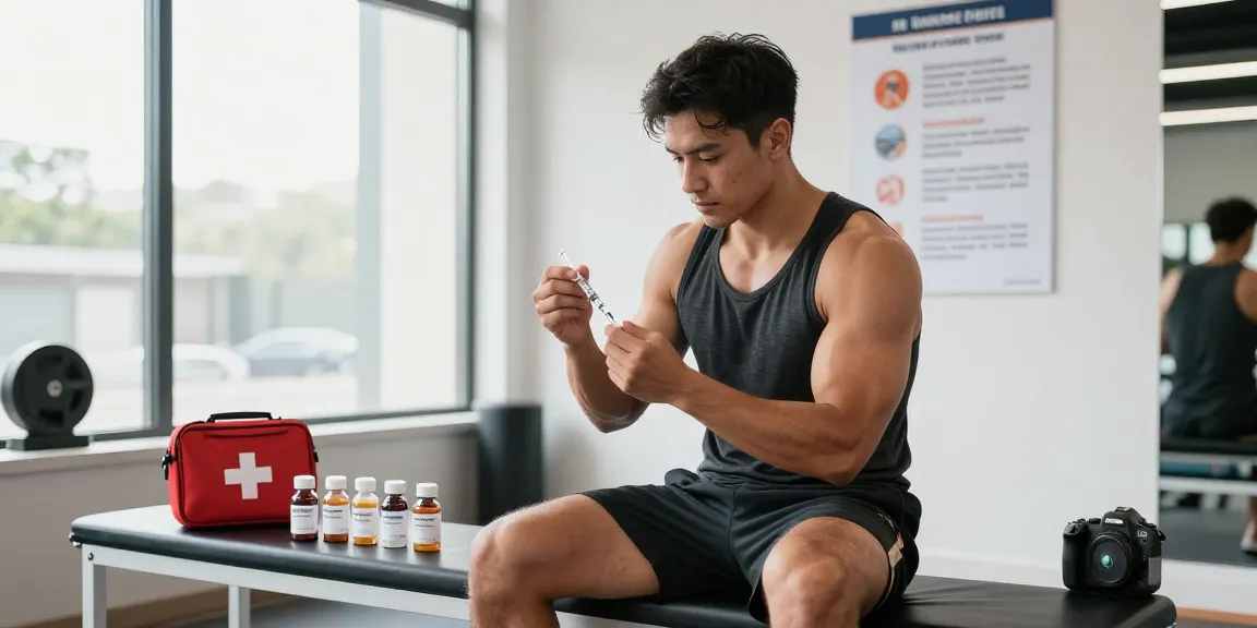 Ein Sportler, der sichere Praktiken in einem Anabolika-Shop während einer Fitness-Trainingseinheit demonstriert und Techniken zur Steroidinjektion mit Schutzausrüstung zeigt.