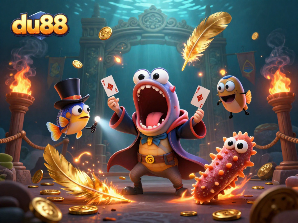 Experience the thrilling magic at du88 as a bioluminescent eel performs stunning card tricks in an immersive casino scene.