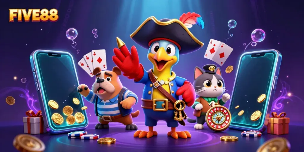 Experience exciting gameplay at FIVE88, a vibrant 3D casino-themed scene featuring animated characters and stunning slot game elements.