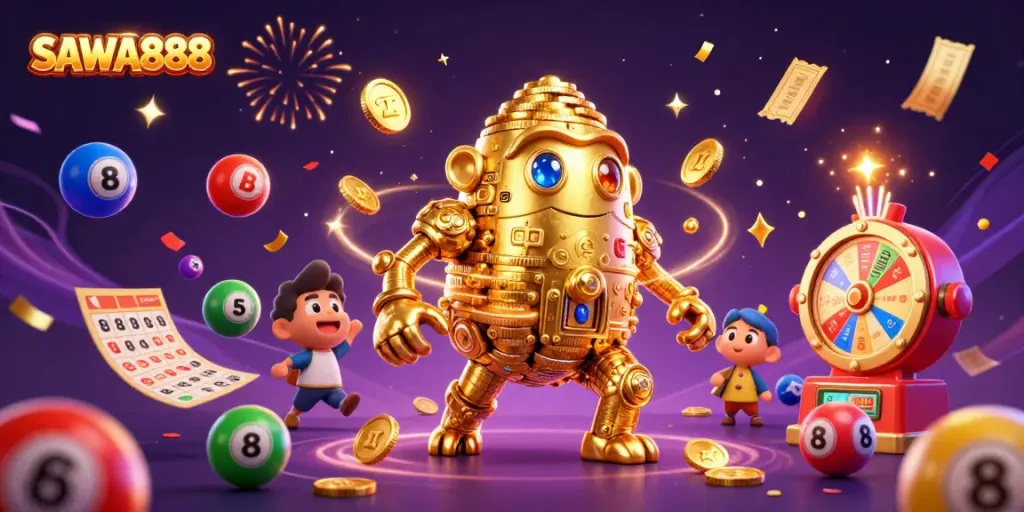 SAWA888's engaging cartoon scene showcasing a golden golem with slot symbols and colorful lottery elements.