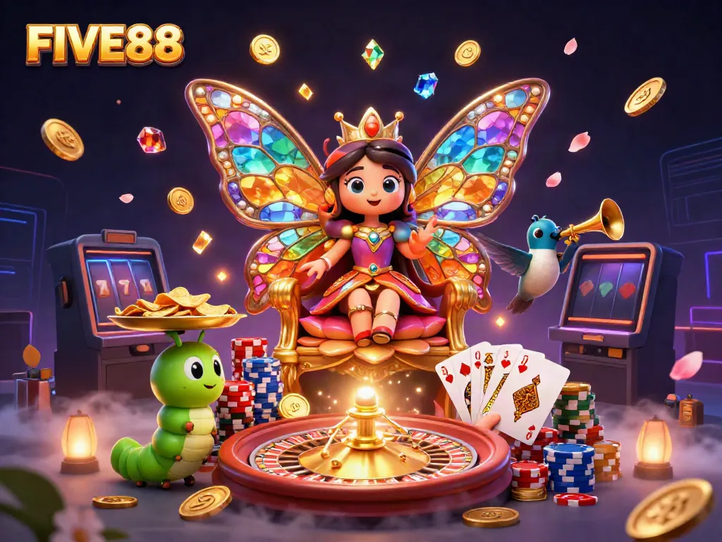 Experience exciting moments with FIVE88's vibrant casino universe featuring charming characters and dazzling elements.