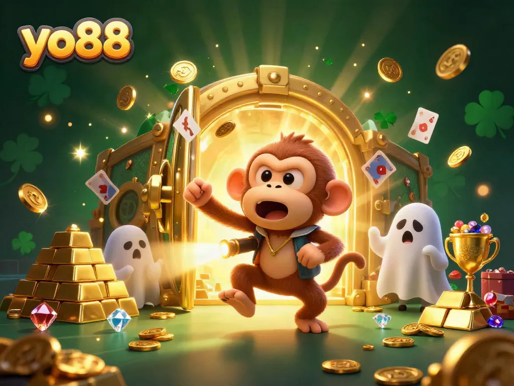 Experience YO88's thrilling haunted casino adventure with a mischievous monkey and ghost-hunter puppy.