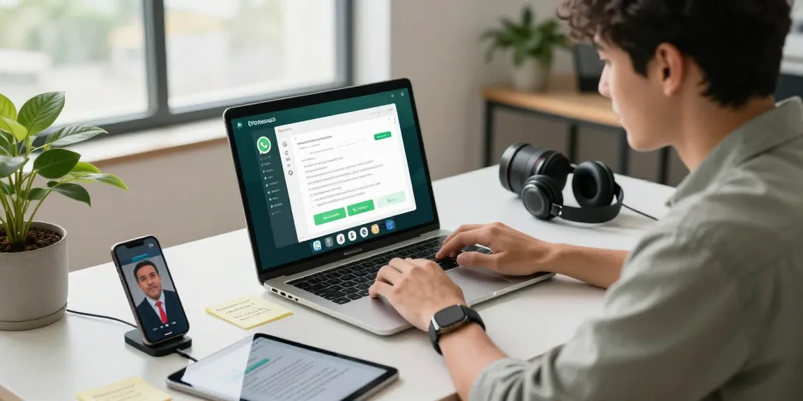 Professional using WhatsApp電腦版 on desktop in a modern workspace with tech gadgets.