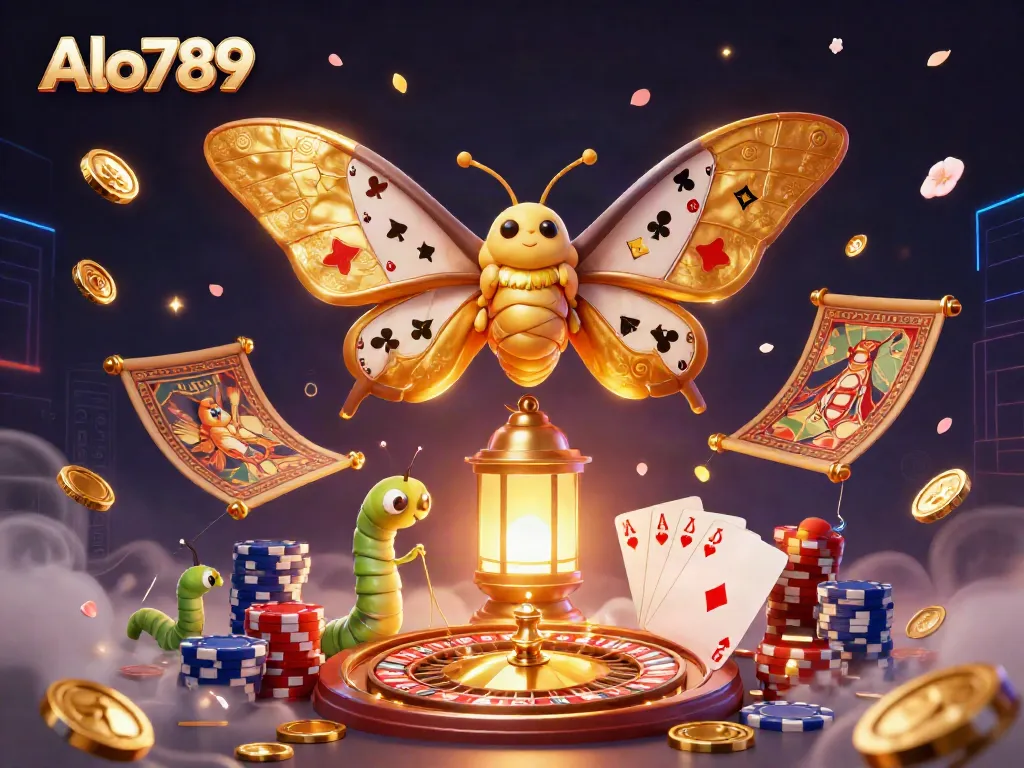 Alo789 presents an amazing 3D illustration of a majestic atlas moth with golden wings and casino-themed elements generating excitement.