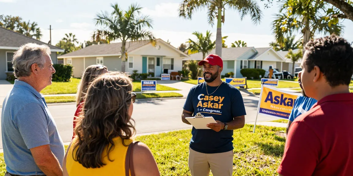 Engaged voters discussing Casey Askar's campaign in Florida's vibrant neighborhood.