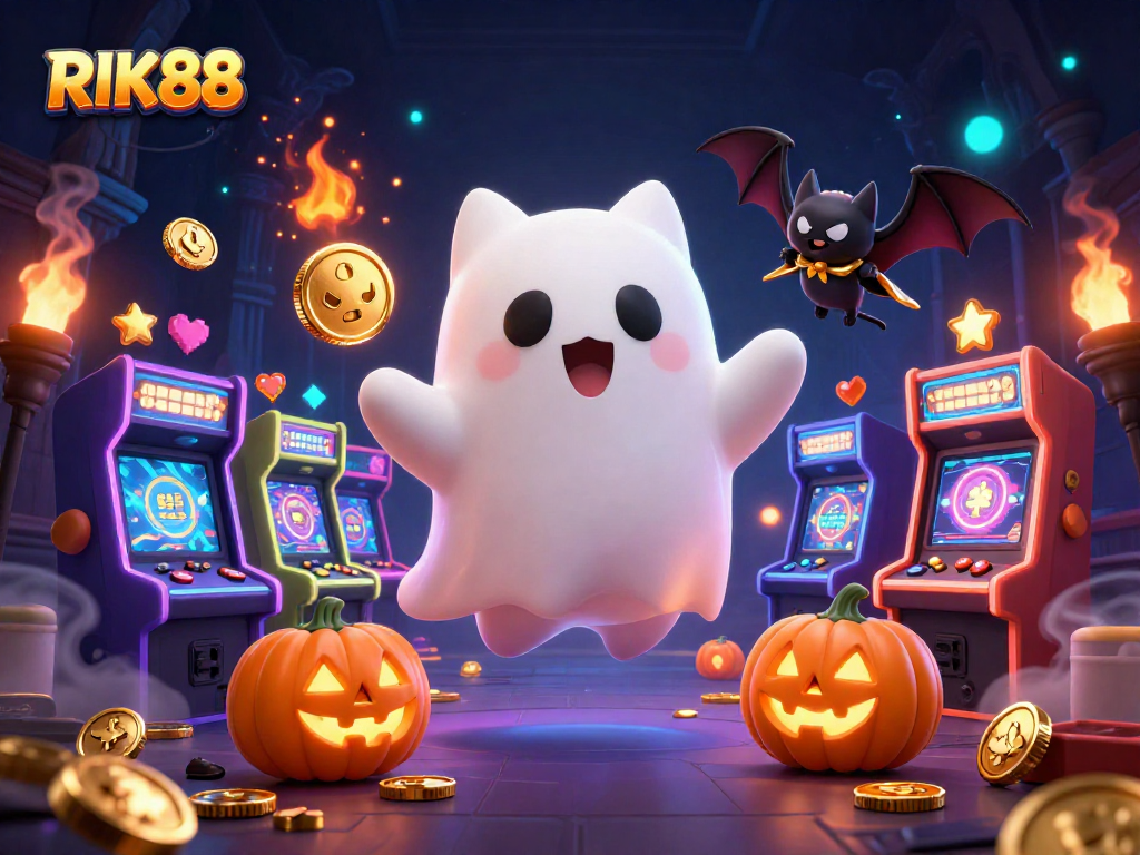 Join RIK88 in a haunted casino adventure with ghostly characters and vibrant gaming elements.
