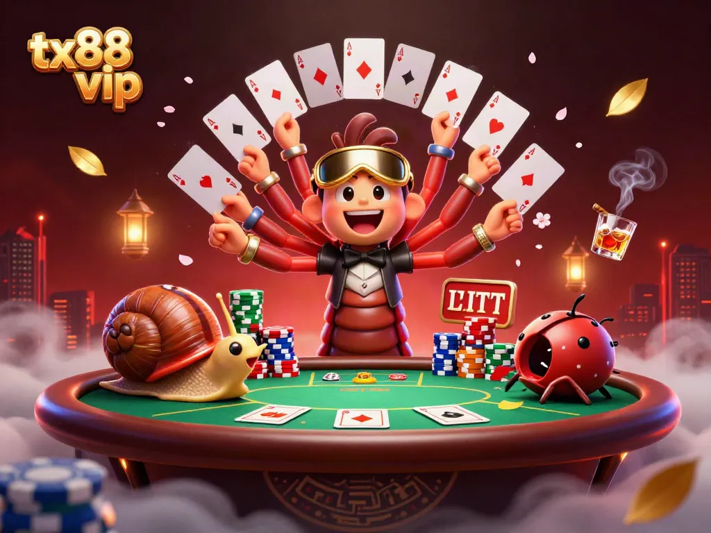 tx88 vip immersive gambling scene with a cartoon millipede dealer and colorful chips