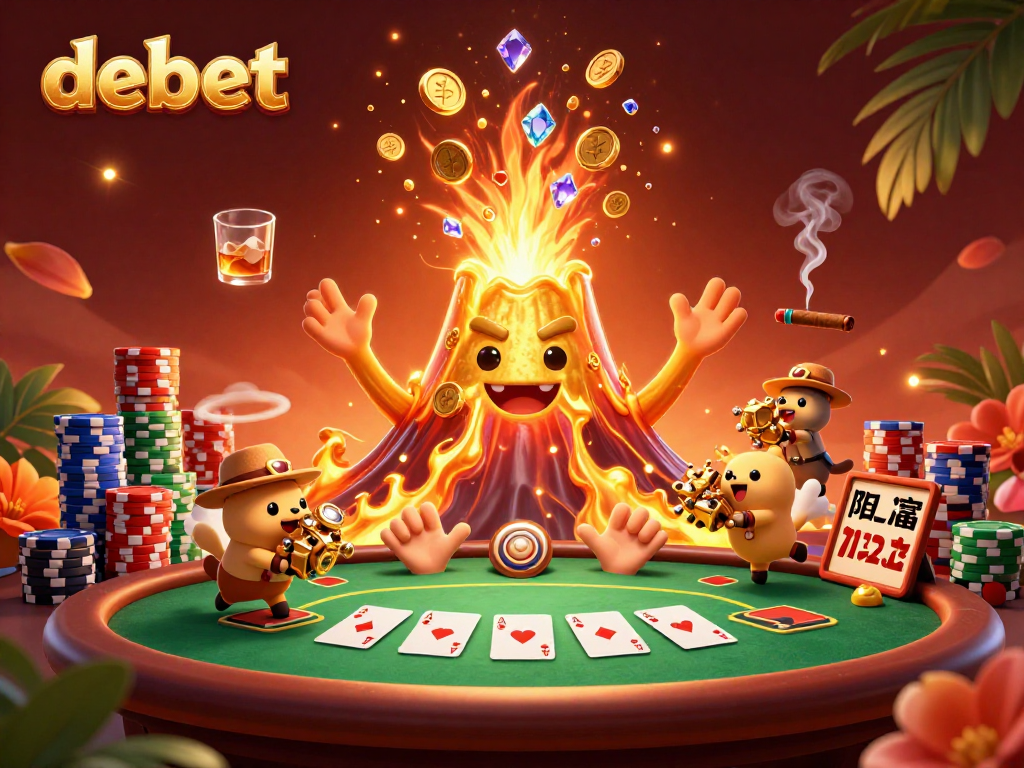 Win big at debet with a golden volcano erupting treasures in a vibrant casino scene.