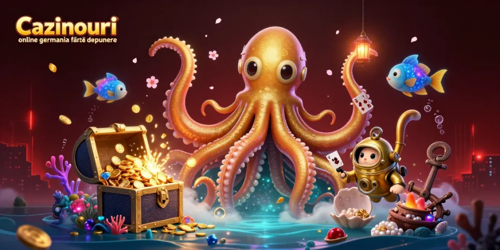 Cazinouri online germania fără depunere offers a vibrant, engaging scene featuring a kraken, diving cat, and treasure in a cartoonish undersea realm.