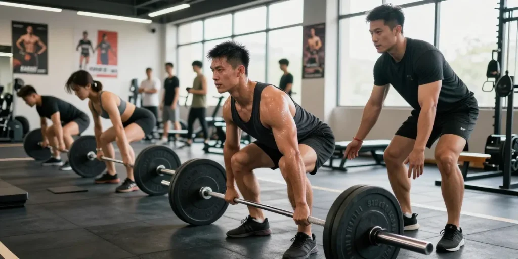 Anabolika Shop fitness scene featuring professional bodybuilder deadlifting, surrounded by trainers and gym-goers, showcasing dedication to bodybuilding.