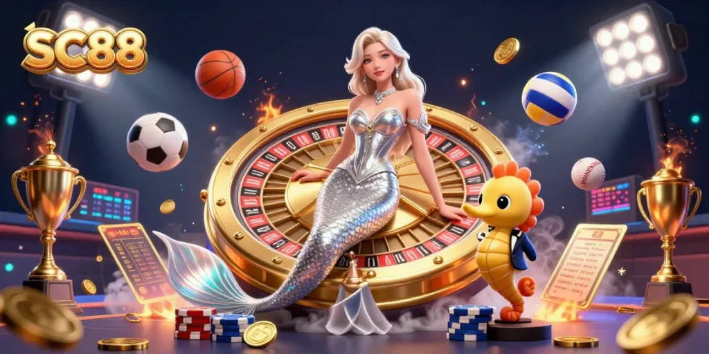 Experience winning strategies with SC88 at a dazzling casino featuring roulette and vibrant sports elements.