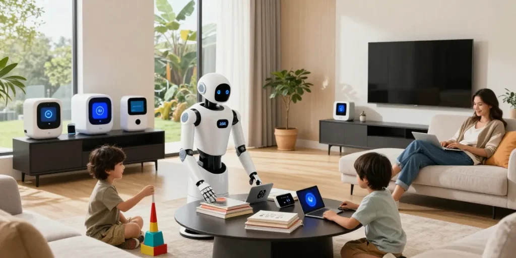 Home robot 2026 assisting a family in a modern living room, organizing clutter and enhancing daily life.