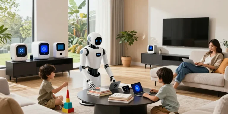 Home robot 2026 assisting a family in a modern living room, organizing clutter and enhancing daily life.