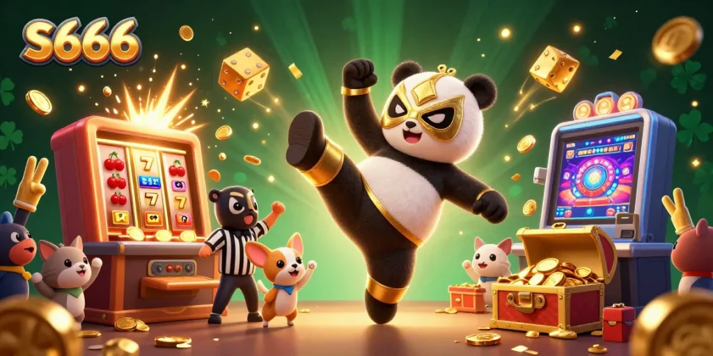 S666 virtual casino scene with cartoon panda wrestler kicking, slot machine jackpot, and cheering animal crowd