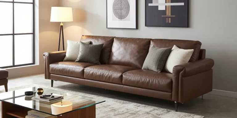 Baxter Ledersofa Preis präsentiert in einem stilvollen Wohnzimmer mit modernem Dekor und warmem Licht.