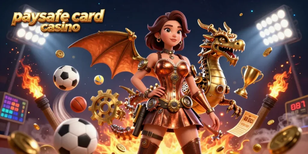 Paysafe Card Casino lebendige Szene mit einer Steampunk-Frau, einem mechanischen Drachen und dynamischen Sportelementen.