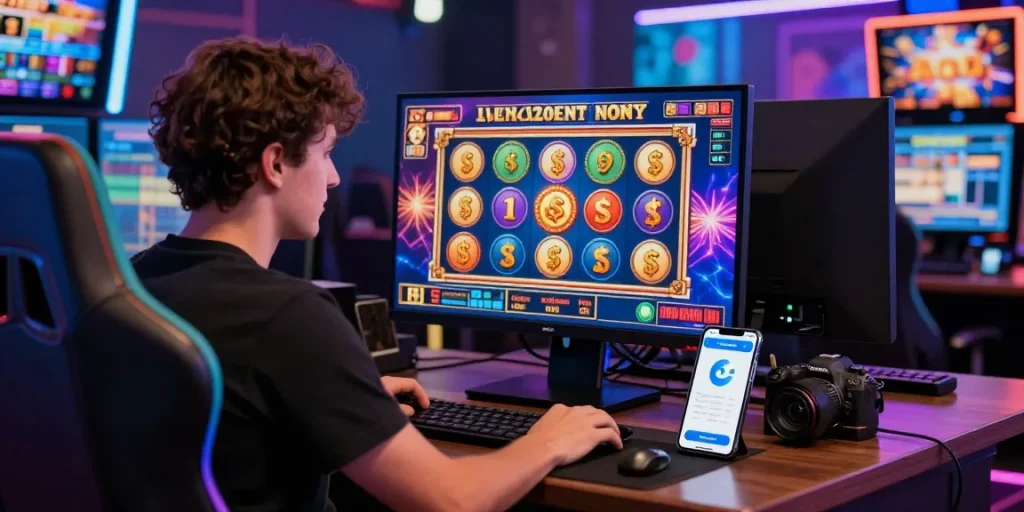 Spieler genießt ein Paysafe Card Casino-Erlebnis auf einem modernen Gaming-Setup, das lebendige Grafiken und die Integration der Paysafecard-App zeigt.