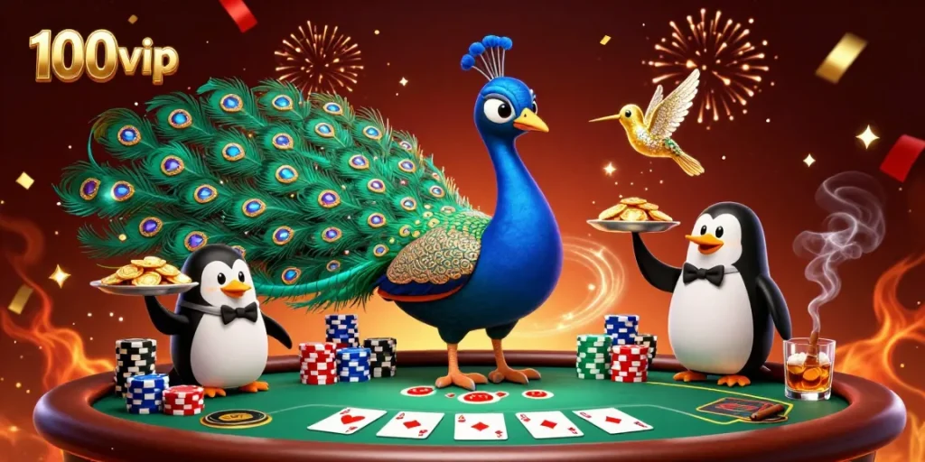 Experience vibrant 100vip gaming with chip stacks and dynamic poker action in a festive scene.
